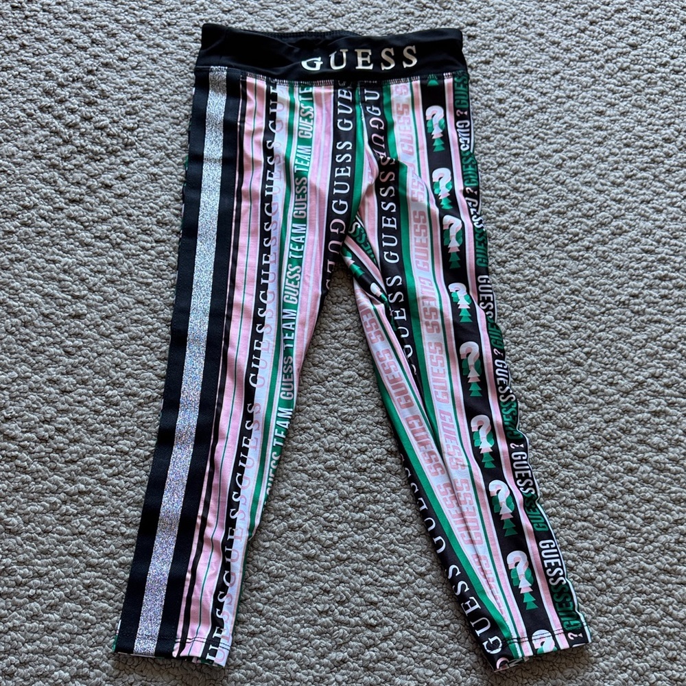 Guess Girls Black Pink Green Striped Logo Leggings